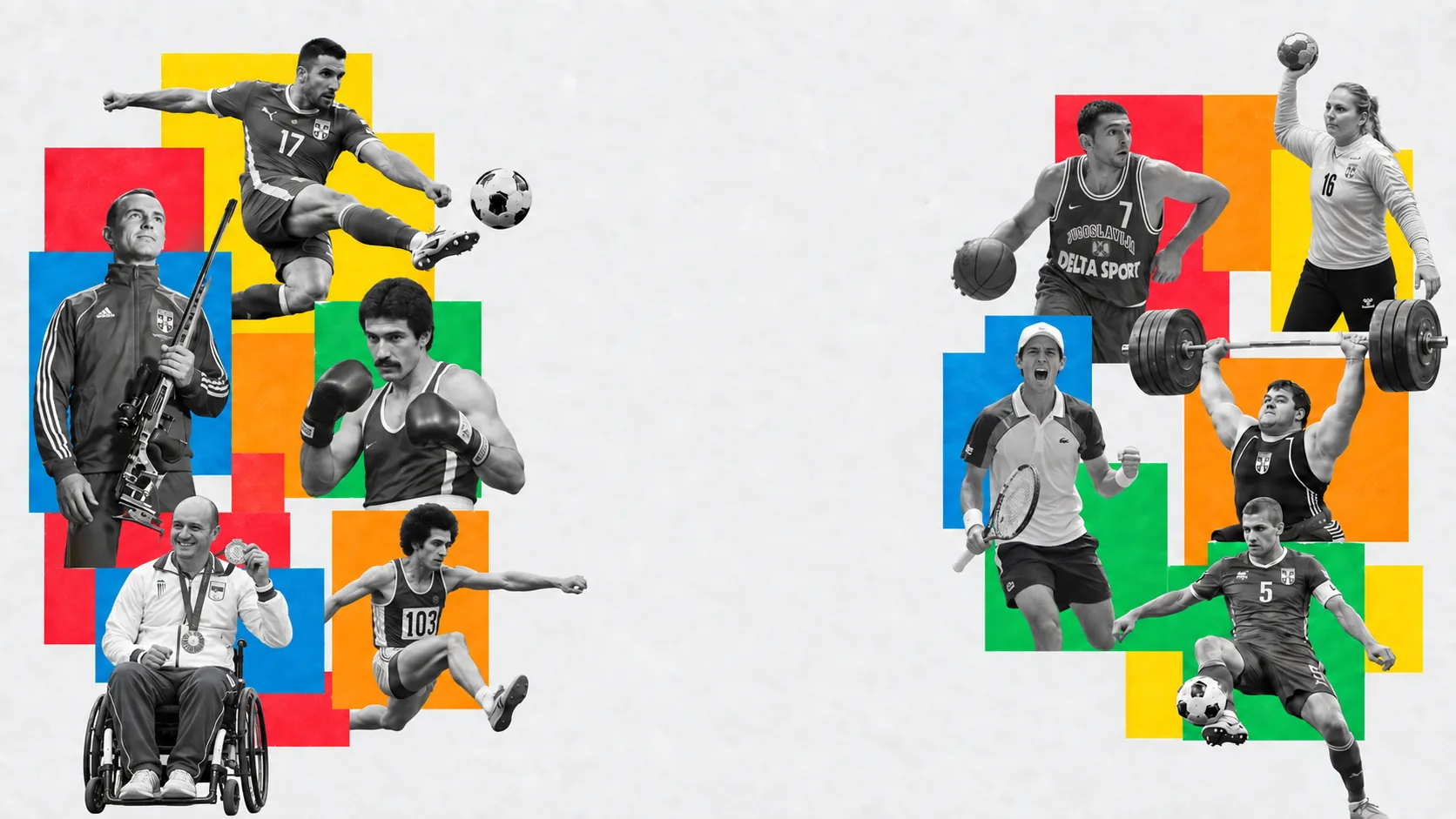 Kolaž sportista na površinama u bojama: fudbal, streljaštvo, boks, atletika, parasport, košarka, rukomet, tenis i dizanje tegova